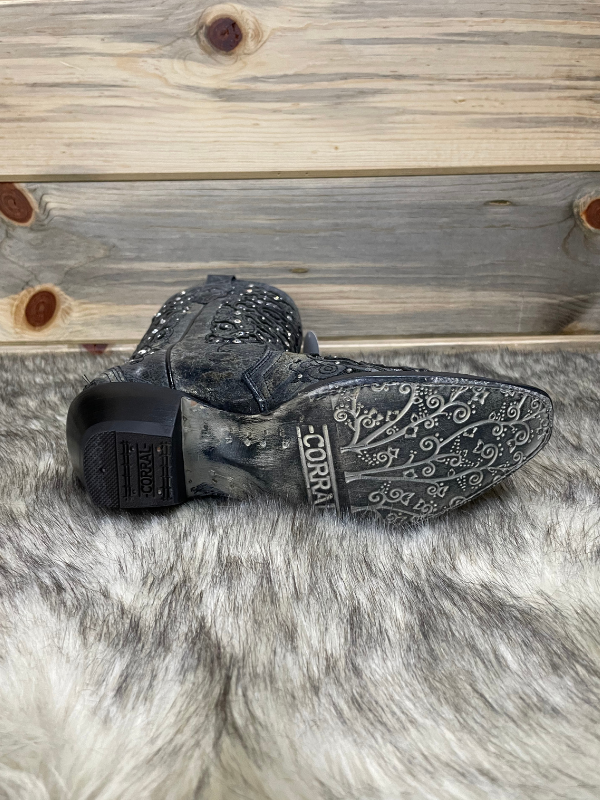 Corral Boots A 3672 Grey Glitter Inlay Floral Overlay With Crystals And Studs Snip Toe Grey Cowboy Boot