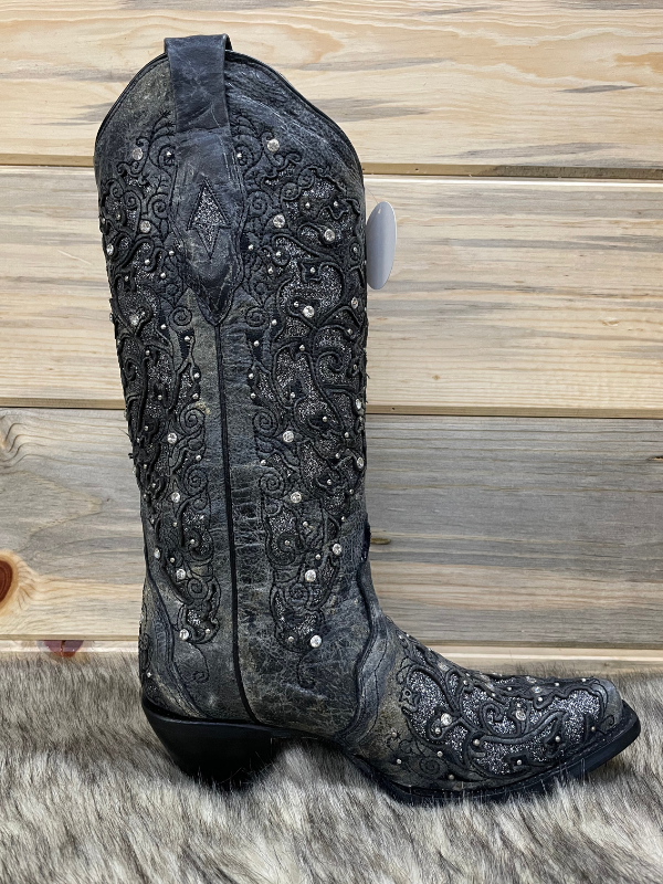 Corral Boots A 3672 Grey Glitter Inlay Floral Overlay With Crystals And Studs Snip Toe Grey Cowboy Boot