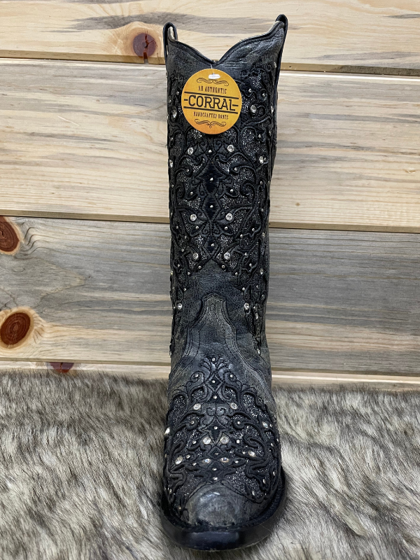 Corral Boots A 3672 Grey Glitter Inlay Floral Overlay With Crystals And Studs Snip Toe Grey Cowboy Boot