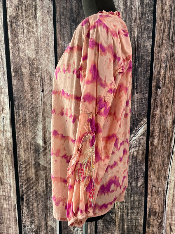 Johnny Was Tie Dye Pink Ruffle Detail Blouse