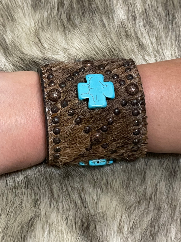 Double J Saddlery Brown Cowhide with Turquoise Bracelet