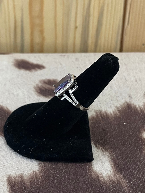 Large Purple Rectangular Stone with Side Stones Ring