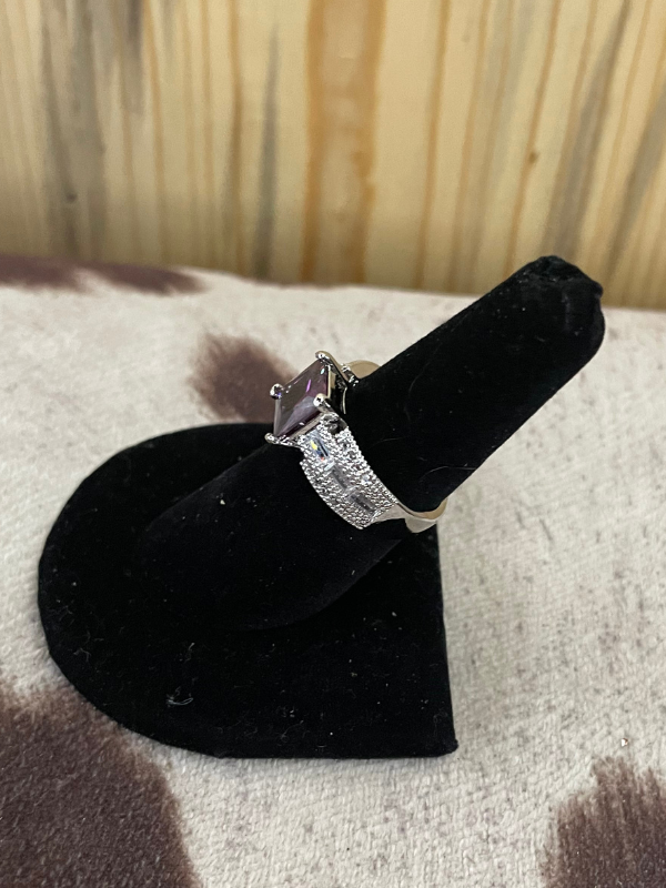 Purple Stone with Three Row Side Stone Ring