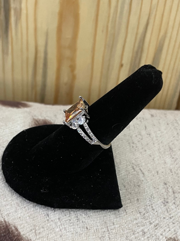 Light Brown Square with Two Side Stones Ring